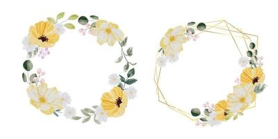 watercolor hand drawn colorful spring flower and green leaf bouquet wreath with gold frame collection isolated on white background vector