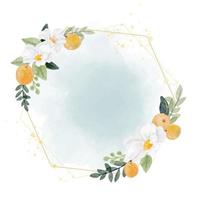 watercolor white flower and orange fruit wreath with golden geometry frame on splash background