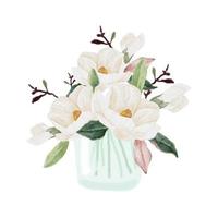 watercolor white magnolia blooming flower branch bouquet in glass vase clipart