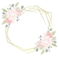 hand draw watercolor pink roses and peony bouquet with golden geometric frame wreath vector