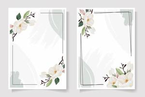 watercolor hand drawn white magnolia flower and green leaf branch bouquet wedding invitation card template collection vector