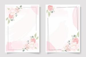 corona de ramo de flores de rosa rosa y peonía con marco sobre fondo de salpicadura de acuarela rosa invitación de boda o colección de plantillas de tarjetas de felicitación de cumpleaños vector