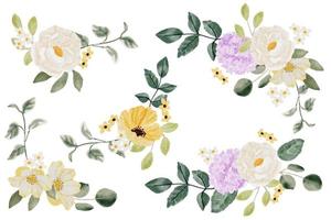 colección de ramo de flores silvestres y hortensias de acuarela aisladas en pintura digital de fondo blanco vector