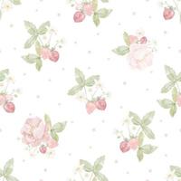 watercolor hand drawn pink peony flower and strawberry seamless pattern vector