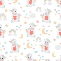 cute pastel unicorn with red heart seamless pattern for fabric or wrapping paper vector