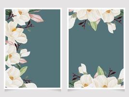 acuarela dibujada a mano flor de magnolia blanca y ramo de rama de hoja verde colección de plantillas de tarjeta de invitación de boda vector