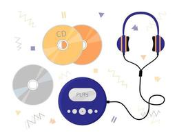 reproductor de cd y discos compactos aislados. conjunto vectorial de equipo musical de los 90. dispositivo de cd, disco y auriculares sobre fondo blanco. ilustración retro plana vector