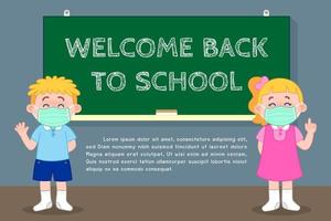 School kids in medical masks keep social distance, Standing in front of the chalkboard with lettering Welcome back to school. vector