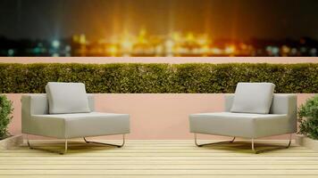 outdoor lounging balcony corridor park with sofa bench at night with river view , 3D illustration rendering photo