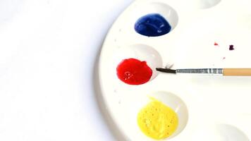 Primary watercolor with red blue yellow on color plate and paintbrush photo