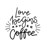 Humor Quote - Love begins after coffee. Fashionable calligraphy with rays decor. Vector illustration on a white background.