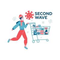 Man in white medical mask and warm clothes with cart shopping in supermarket. Concept of corona virus second wave quarantine. Flat vector illustration