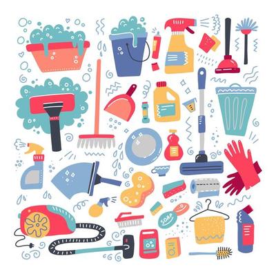 Household supplies and cleaning set. Flat hand drawn design concepts for web banners, web sites, printed materials, infographics