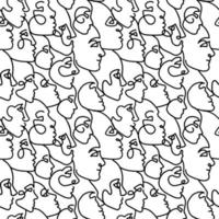 One line drawing abstract face profile seamless pattern. Modern minimalism aesthetic contour art. Continuous line background with women's and men's faces. Vector linear illustration