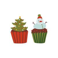 Christmas cupcakes set. Homemade cute winter sweets food. Xmas icing muffin with snowman, decotared tree with mistletoe in red and green paper. Flat cartoon holiday party dessert vector illustration.