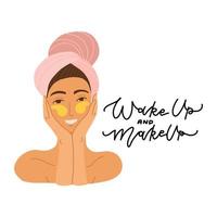 The face of a beautiful girl with a towel on her head and patches around her eyes. Flat Vector cartoon illustration. concept of body, face and eye care. Lettering quote Wake up and makeup