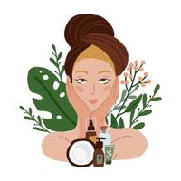 hermosa chica con toalla y cosmética natural de coco. cuidado facial de belleza spa. mujeres con plantas de belleza y flores en el fondo. ilustración plana vectorial vector