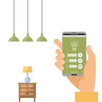 Wi-fi app on phone used to control smart lamp in smart home system. Hand holding smartphone, changing color light. Remote bulb light. Phone connection with wireless lamp. Vector flat illustration.