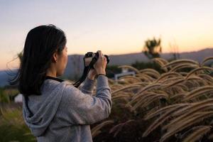 mujer asiática madura usando cámara para tomar fotos de flores al atardecer