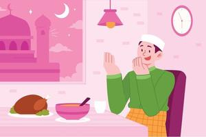 ramadan kareem mubarak concepto vector ilustración idea para la plantilla de página de inicio, fechas de fiesta iftar de la familia islámica, personas rezando antes de desayunar para el mes sagrado, estilo plano dibujado a mano