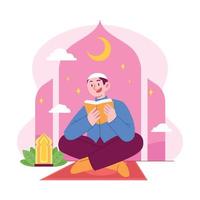 ramadan kareem mubarak concepto vector ilustración idea para plantilla de página de inicio, familia islámica aprendiendo corán, el libro sagrado, personas rezando en el mes sagrado, iftar, estilo plano dibujado a mano