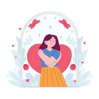 Love yourself concept vector Illustration idea for landing page template, happy self love hug esteem ego confidence, body acceptance as proud and caring, positive attitude, Hand drawn Flat Style