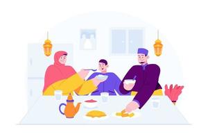 ramadan kareem mubarak concepto vector ilustración idea para la plantilla de página de inicio, fechas de fiesta iftar de la familia islámica, personas rezando antes de desayunar para el mes sagrado, estilo plano dibujado a mano