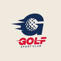 Ilustración de diseño de vector de plantilla de logotipo de emblema de club de golf con elemento de logotipo de letra g bola tee