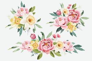 conjunto de ramos de peonía y flores de primavera vector