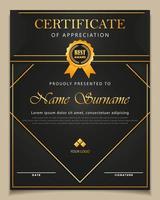 royal dark black certificate template with gold lines and emblem by vector design