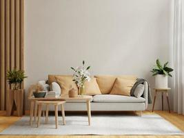 Bright and cozy modern living room interior have sofa and plant with white wall. photo