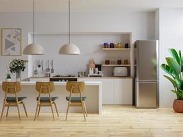 interior de cocina moderna y cómoda con detalles en madera y blanco.