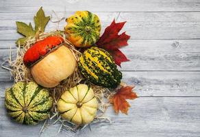 Pumpkins with autumn leaves photo