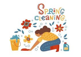 Housewife washing floor on knees. Woman cleaner using cloth and bucket. Spring cleaning concept with flowers. Girl doing housework. Cleaning service concept. Flat hand drawn vector illustration.