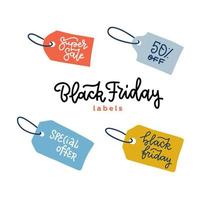 Set of tags for black friday sale banners. Vector label for promotion. Isolated on white background. Hand drawn flat illustration with trendy linear lettering.