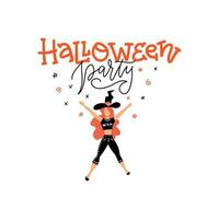Trendy pretty dancing witch with lettering Halloween party. Hand drawn flat vector character. Halloween greeting card, costume party invitation.