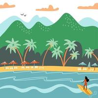 Beach summer landscape. Tourist sunbeds on the coast, umbrellas and palms near the mountains. Vacation, relaxation, ocean, sun, palms. Surfing girl. Vector flat illustration