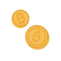 Two gold flat coins, Hand drawn bitcoins on white background. Vector flat illustration isolated on white background.