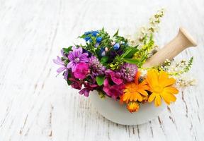 wild flower and herb leaf in mortar photo