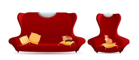 Set of red armchair with sofa and cats on cushions front view isolated on white background. Vintage cozy design red color couch concept. 2 Furniture equipment for living room. Flat vector illustration