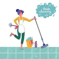 Young woman housewife cleaning the tiled floor with a mop and a bucket of water. People activity, Daily routine vector flat Illustration on a white background with lettering House cleaning.