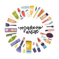 marco de doodle de etiqueta cosmética de salón de belleza para maquillador. pintalabios y champú, polvo y rímel, botella de loción e íconos de crema. artículos de cosmética. ilustración de iconos dibujados a mano plana vectorial vector