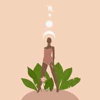 Silhouette of a woman against the tropical leaves. Space, planets, moon, astrology concept. Strong and beautiful black woman. Hand drawn boho flat vector illustration.