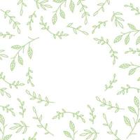 Leaf and branches background with free spase for text. Green pattern with leaves in minimal line doodle style. Decorative frame package backdrop. vector