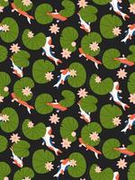 Seamless pattern with lily flowers, leaves and koi carp in pond on dark blue background. Flat vector hand drawn illustration.