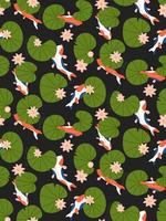 Seamless pattern with lily flowers, leaves and koi carp in pond on dark blue background. Flat vector hand drawn illustration.