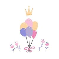 Bunch of multicolor balloons with crown and flowers. Party hand drawn accessories. Birthday, anniversary celebration decoration. Isolated clipart for greeting card, invitation.Vector flat illustration vector
