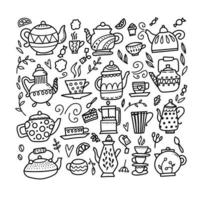 colección de teteras y tazas dibujadas a mano. Doodle tazas de té, tazas de café y teteras aisladas sobre fondo blanco. ilustración vectorial en los iconos de la hora del té para el diseño de menús de cafeterías y restaurantes. vector