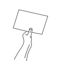 Linear paper document in human hand. Drawn contour simple graphic thin line art design isolated on white. Concept of person watching, showing portfolio or brochure or check list. Vector illustration.