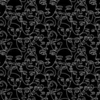 Line art people weave, abstract faces seamless pattern texture. Minimal one line drawing, white on black. Vector lines contemporary endless background, contour drawing continuous fabric print.